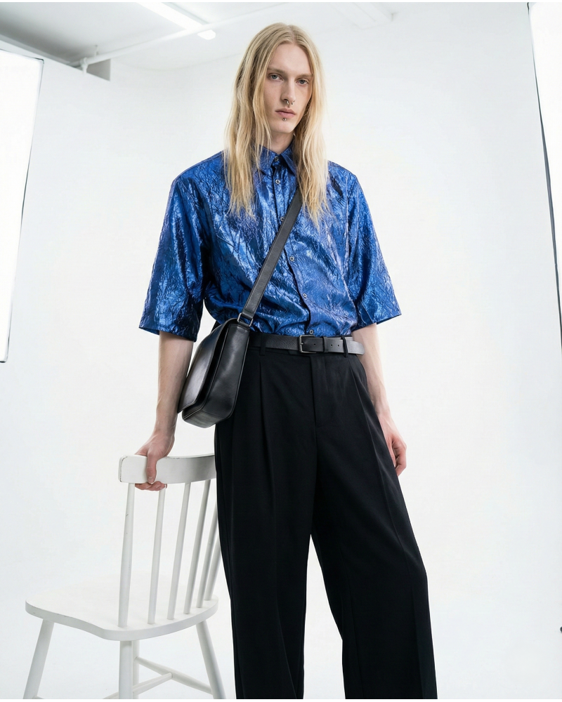 Blaues Glanzknitter Hemd mit Druckknöpfen