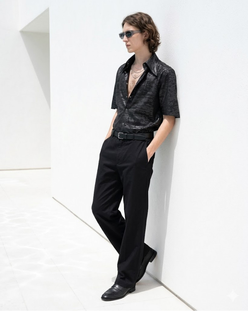 Schwarzes Kurzarm Stretchhemd mit Print