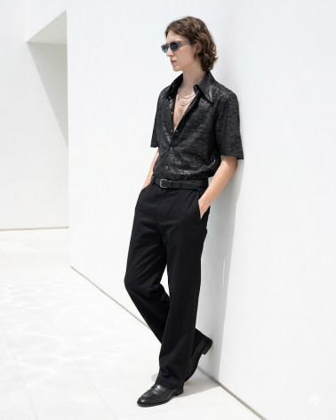 Schwarzes Kurzarm Stretchhemd mit Print